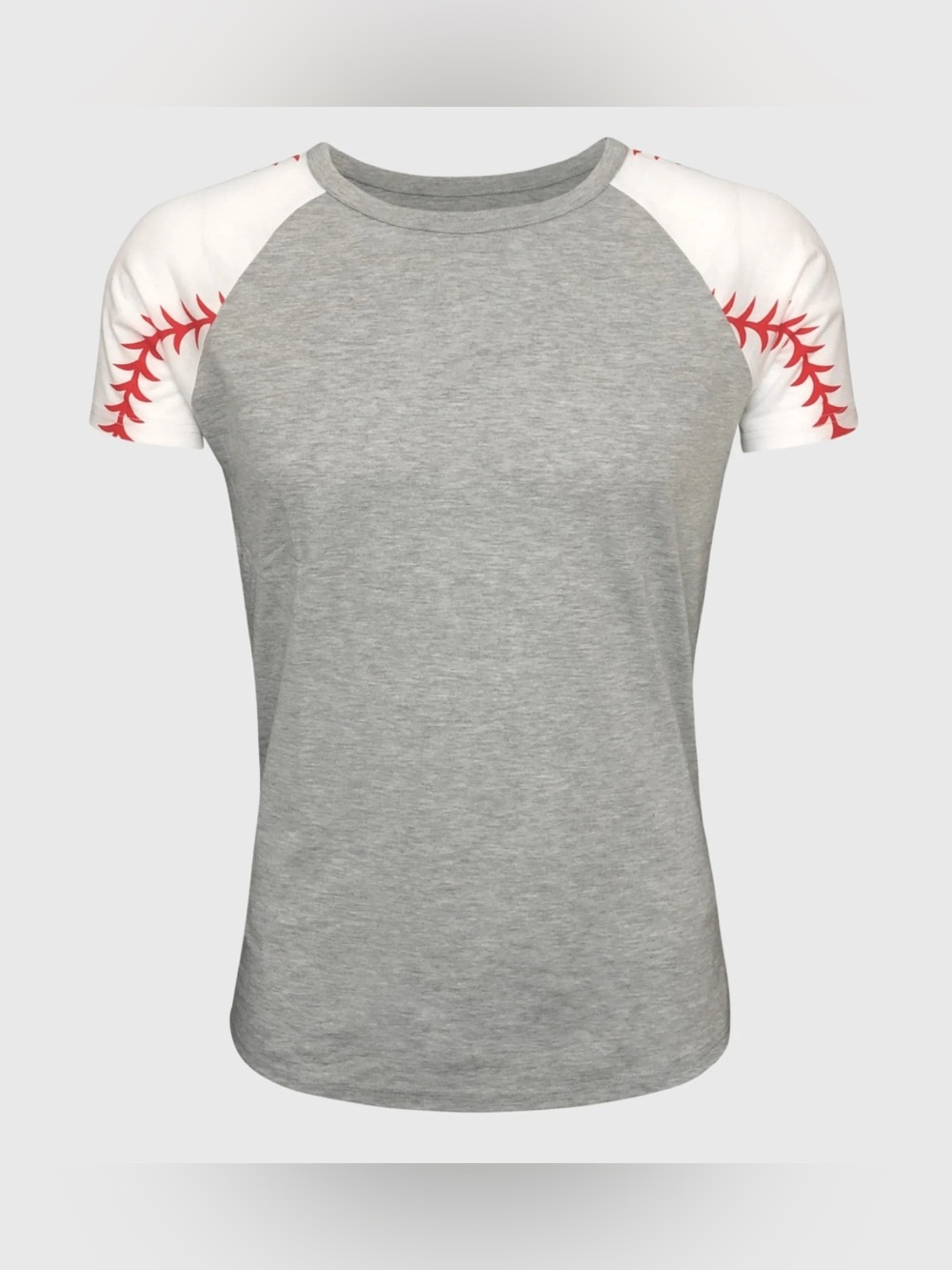 Grey Raglan Baseball Tee with White & Red Sleeve Detail